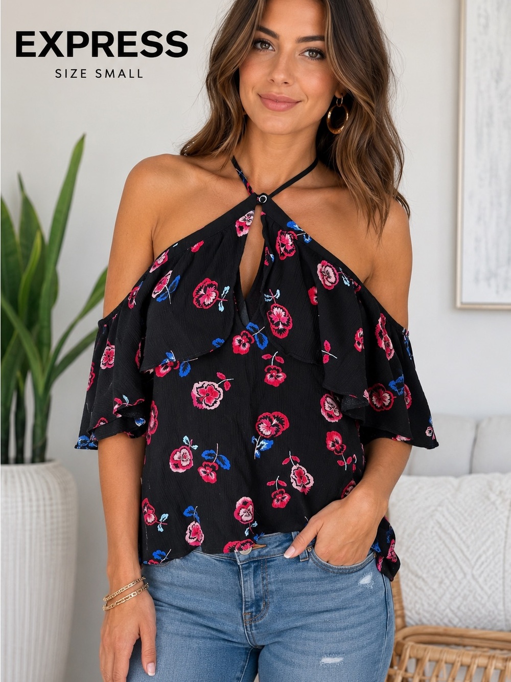 Express Floral Cold Shoulder Halter Blouse Black Pink Blue Ruffle Top Women’s Sm